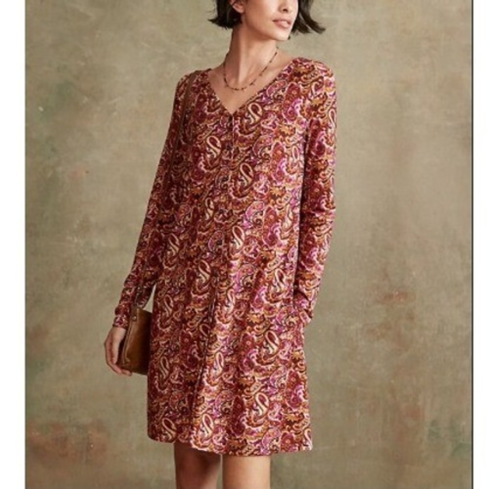 Garnet Hill Women Small Knit Phoebe Button Front Jersey Knit‎ Mini Dress Paisley